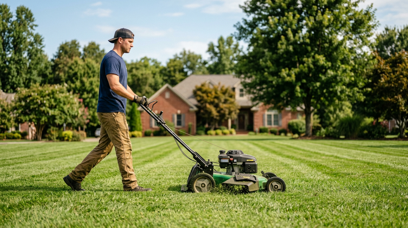 Lawn care professional mowing a residential lawn with a walk-behind mower