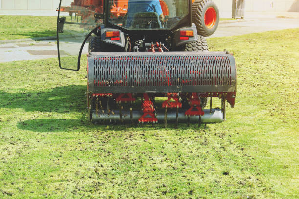 Core aerator pulling soil plugs across a residential lawn